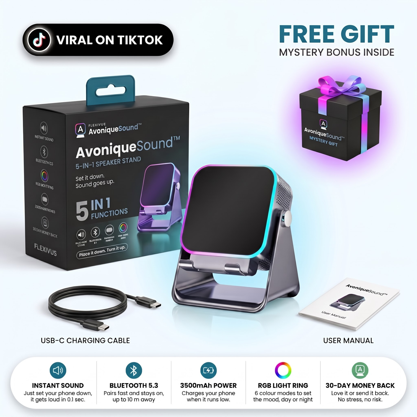 Avonique™ Sound | 5-in-1 Foldable Bluetooth Speaker & Phone Stand